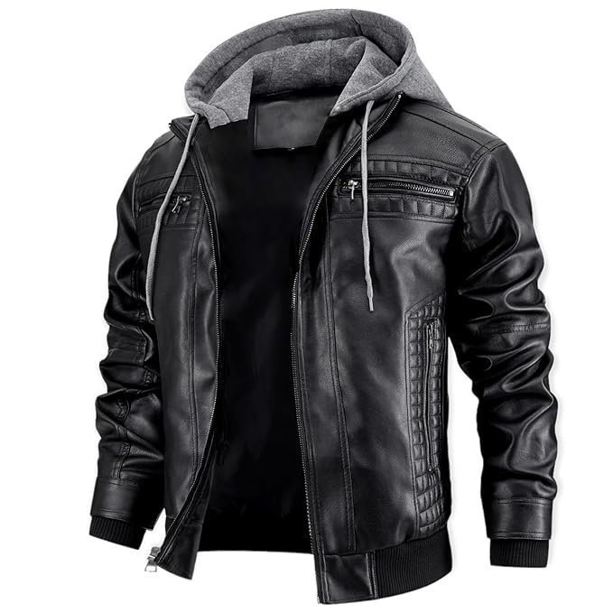 Blaq Ash Men’s Black Faux Leather Jacket with Zipper, Multiple Pockets, and Removable Hood Design