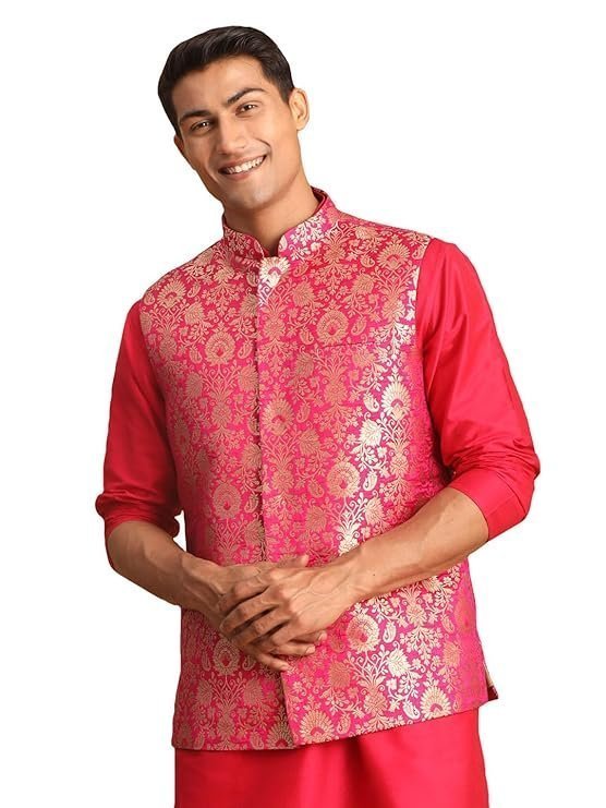VASTRAMAY Men’s Jaquard Nehru Jacket | Valentino Pink Edgy Jacquard Nehru Jacket For Men