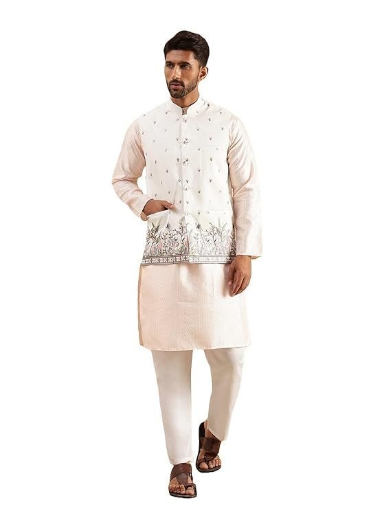 SOJANYA Men’s Silk Blend Pink Kurta & White Pyjama With Daman Embroidered Nehru Jacket