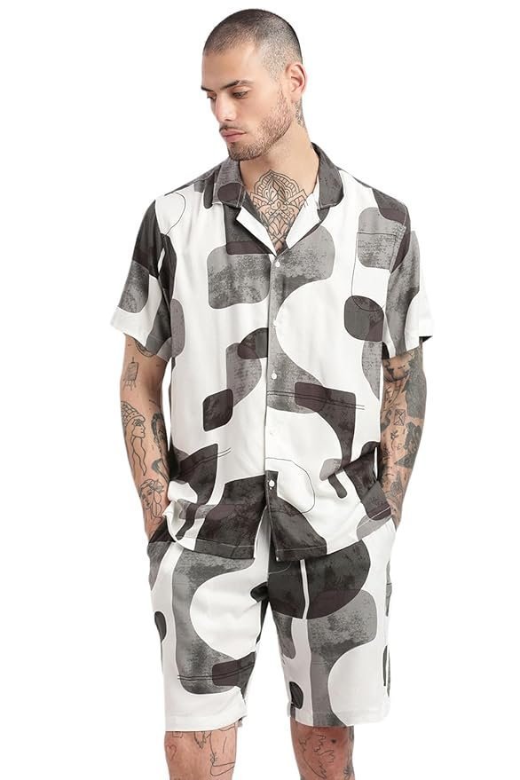 SHOWOFF Men’s Short Sleeves Abstract Cuban Collar White Co-Ords Set-John-2395_White