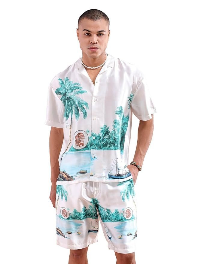 The Indian Garage Co Men Regular Fit Tropical Print Resort Wear Shirt & Boxers Co-ords Set