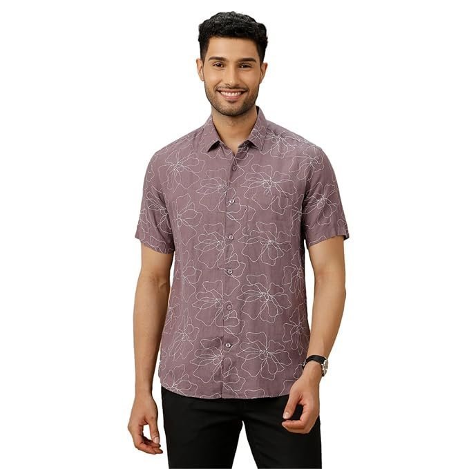 Linen Club Men’s Pure Linen Purple Printed Contemporary Fit Half Sleeve Casual Shirt