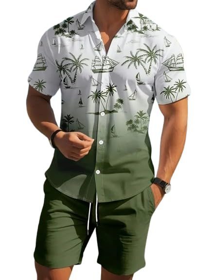Men’s Printed Co-Ord Set | Plus Size Casual Shirt & Shorts Set | Nightwear Pajama Suit, Loungewear, Beachwear & Vacation Outfit Design No ME_NS Sky 07 Green Coconut