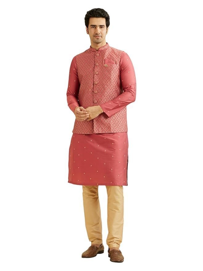 Manyavar Men’s Art Silk Embroidered Kurta Jacket Pyjama Set