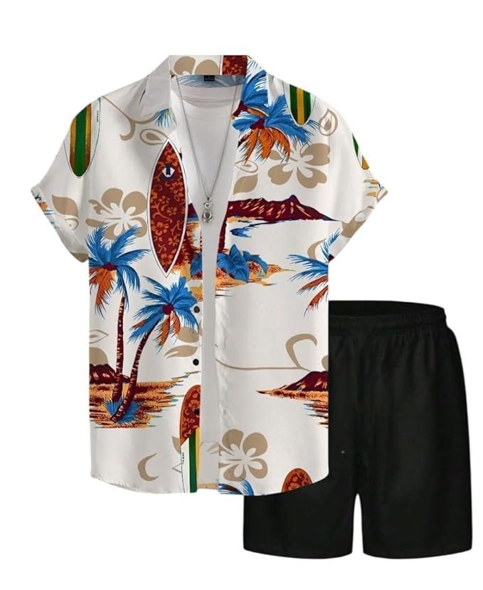 Classic Cuts Men’s Printed Lycra Co-Ord Set | Shirt and Shorts Night Suit | Summer Lounge Wear | Beach Outfit | Night Dress | Pyjama Set | Half Sleeves