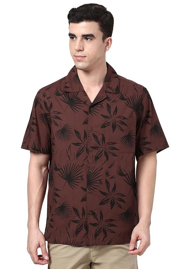Peter England Men Cotton Blend Classic Fit Floral Print Shirt Cuban Collar,Half Sleeves|Casual Wear