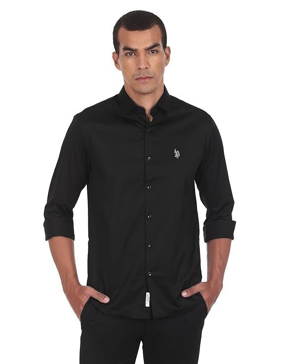 U.S. POLO ASSN. Men’s Cotton Stretch Fit Solid Satin Stretch Spread Collar Barrel Cuff Casual Shirt