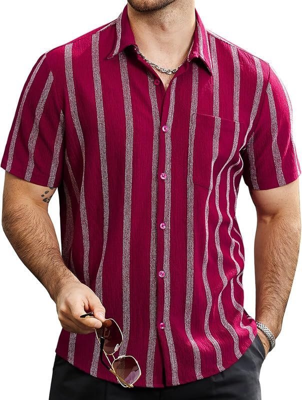 Print Cotton Multi-Colored Short Sleeve Button Down Beach Outfits for Men Shirt