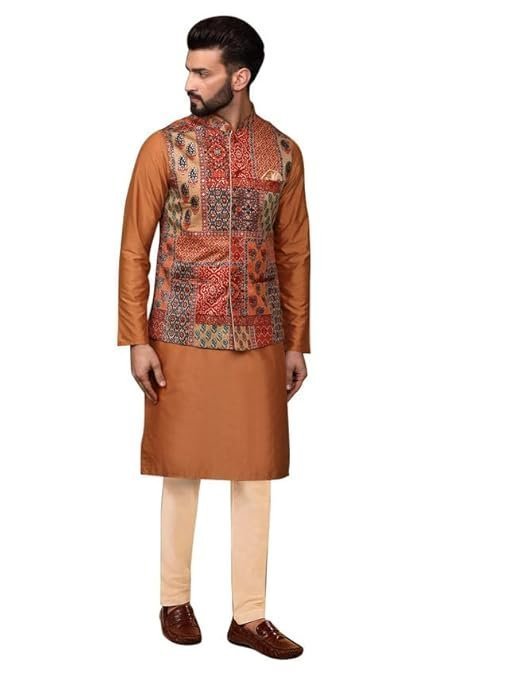 KISAH Mens Kurta Jacket Trouser Set, Long Sleeves Printed Mandarin Silk Blend Collar, Multi Ethnic Wear Set for Men