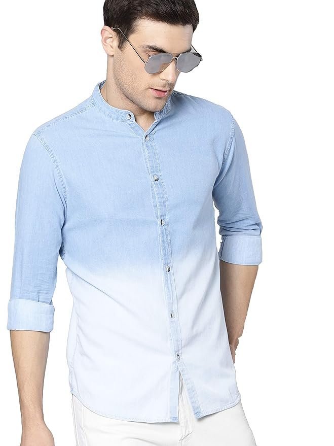 Dennis Lingo Men’s Cotton Full Sleeves Cotton Denim Solid Casual Shirt with Mandarin Collar (Light Blue, M)