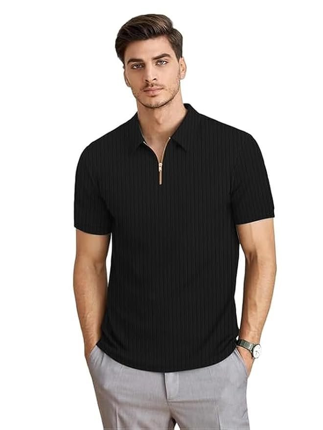 KAJARU Men’s Polyster Blend Regular Fit T-Shirt with Half Sleeve Chain Polo Collar V-Neck Standard Length and Classic Style