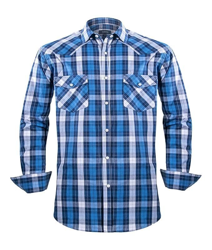100% Cotton Western Shirts for Men with Snap Buttons Casual Shirts for Men Long Sleeve Regular Fit,Blue White Check 017,X-Large
