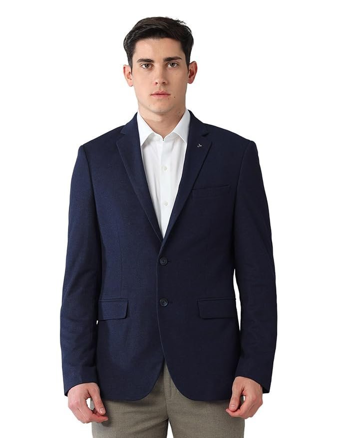 Arrow Men’s Blue self-Design Notch Collared Long Sleeve Formal Polyester Slim Fit Blazer
