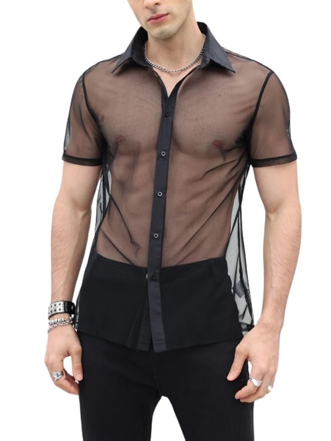 Verdusa Men’s Sheer Mesh Button Up Shirt See Through Short Sleeve Top