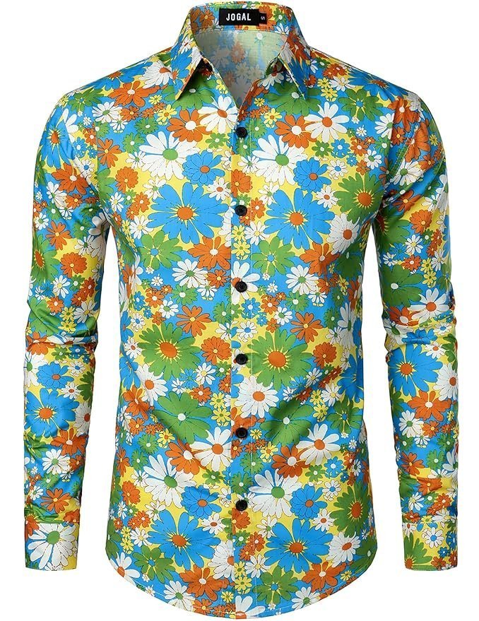 JOGAL Men’s Flower Cotton Long Sleeve Casual Button Down Shirts (Multicolor, Large)