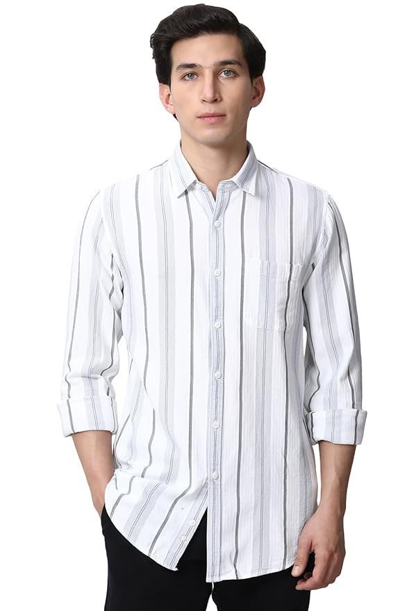 Peter England Men’s Linen Blend Shirt | Subtle Stripes | Full Sleeves