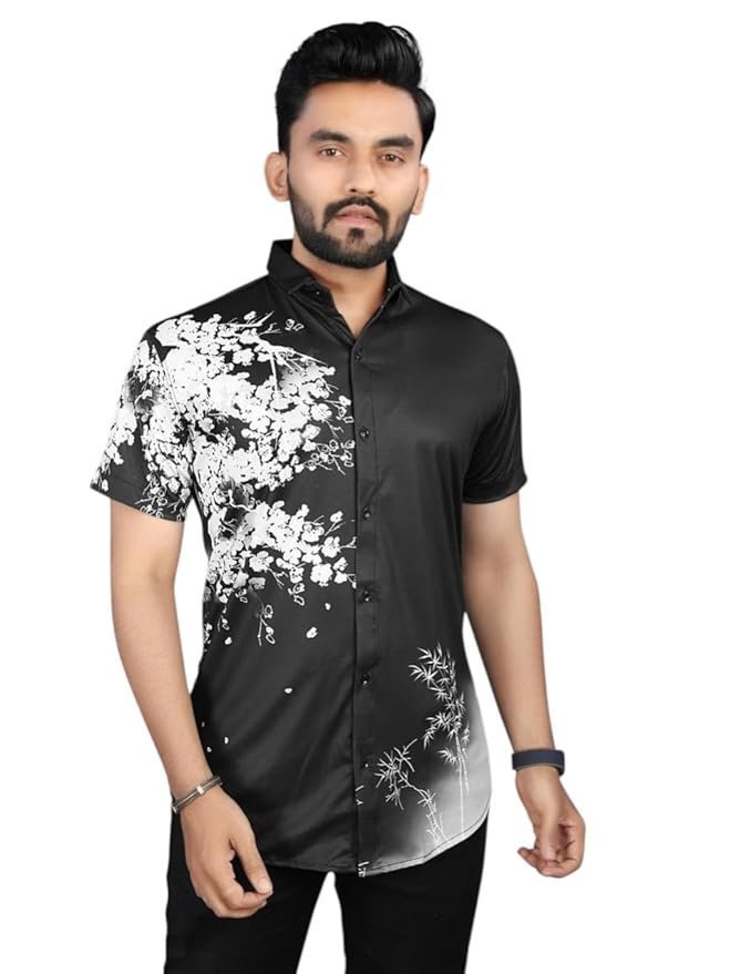 Men’s Casual Short Sleeve Shirt, White with Bamboo and Floral Print, Regular Fit Placement Printed Lycra Shirt