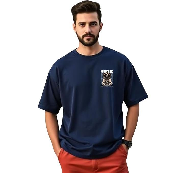 URGEAR Oversized T-Shirt for Men, Navy Blue, Pug Print Design, Casual Fit