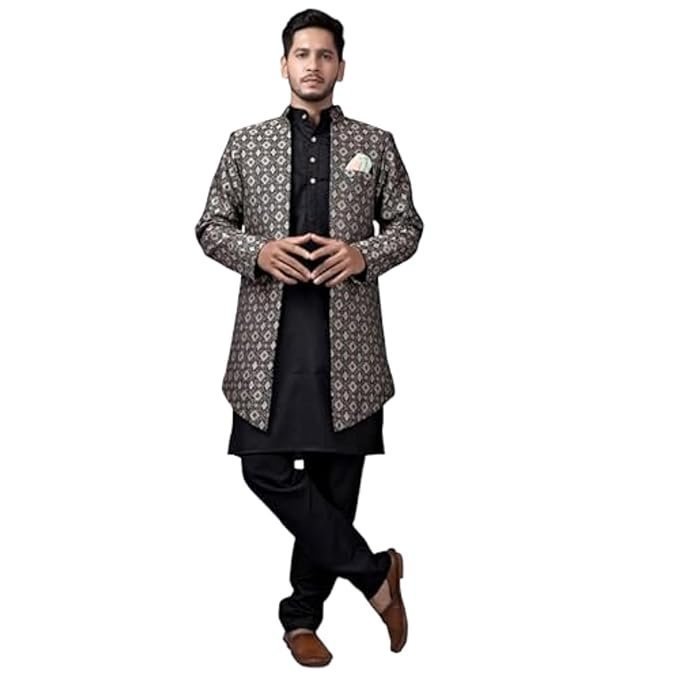 Amzira Men’s Stylish Ethnic Wear Black Kurta Pajama Set with Long Jacket,