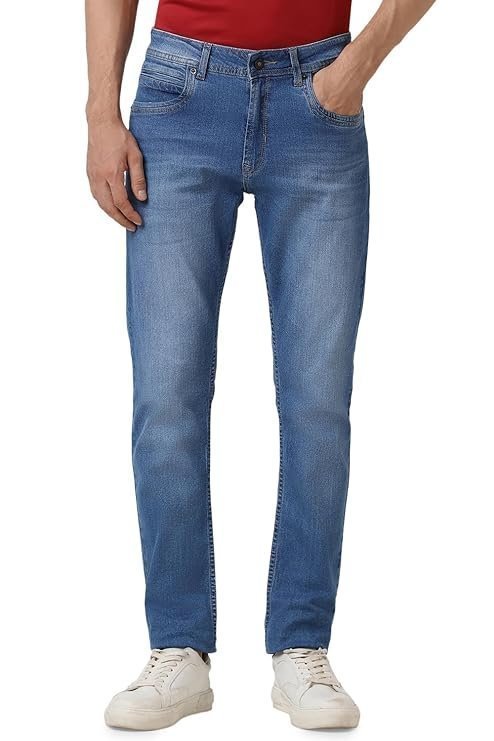 Peter England Men’s Tapered Fit Mid Rise Classic Tape Stretchable Twill Jeans