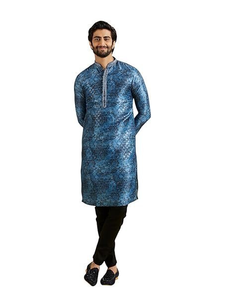 Manyavar Men’s Art Silk Metallic Print Kurta Pyjama Set (2pcs)