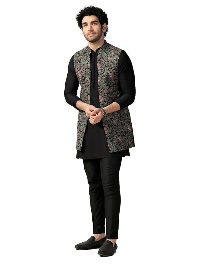 KISAH Men’s Kurta Jacket Trouser Set, Multi Cotton Blend, Printed Regular Fit Mandarin Collar Long Sleeves