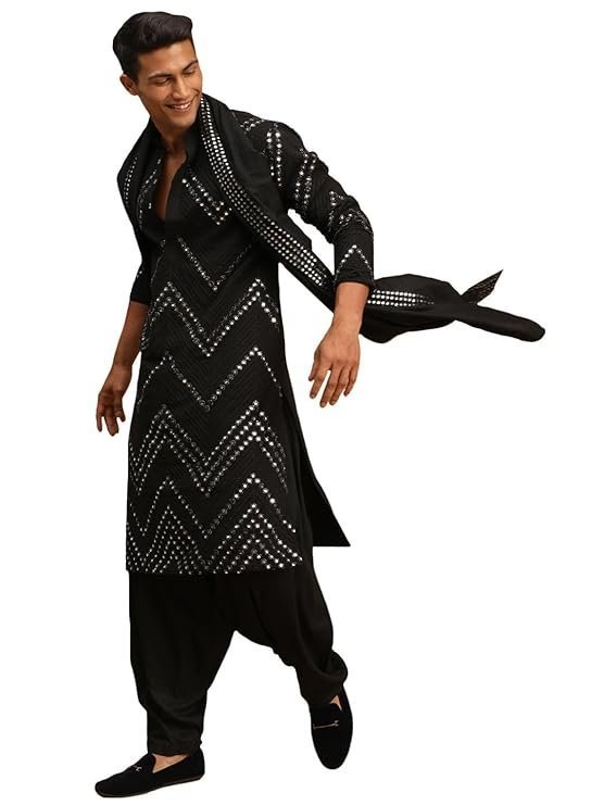 VASTRAMAY Men’s Georgette Kurta and Patiala Set | Mirror work Georgette Kurta With Patiala and Dupatta