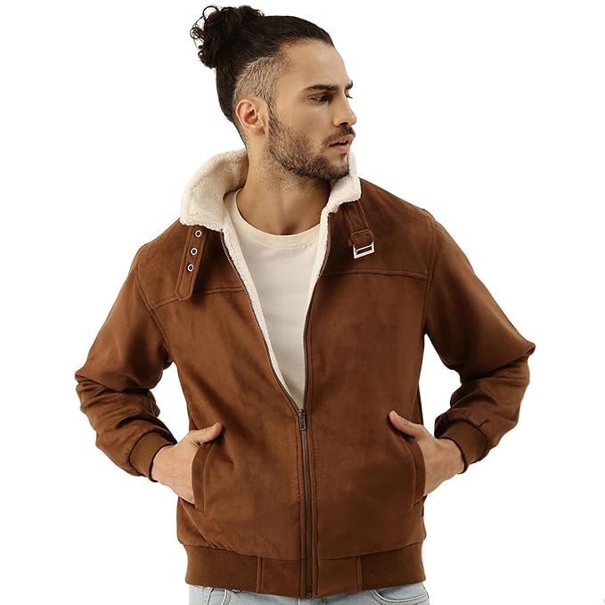 Campus Sutra Men’s Front Zipper Jacket With Fleece For Casual Wear | Long Sleeve | High Neck | Zipper Closure | Suede Jacket Crafted With Comfort Fit For Everyday Wear