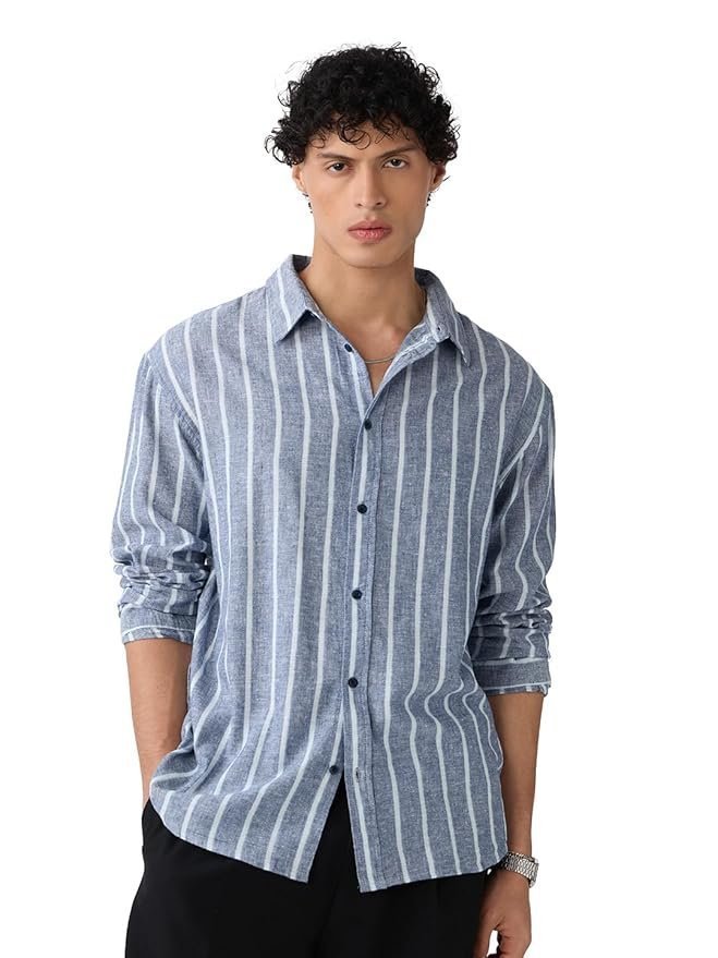 The Souled Store Cotton Linen Stripes: Nautical Men and Boys Long Sleeves Collared Neck Button Front Grey Striped Regular Fit Lightweight Summer Cotton Linen Shirts