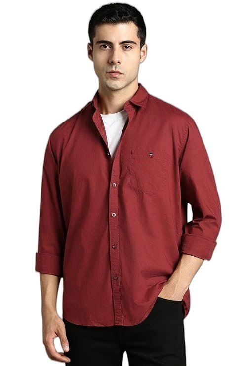 Louis Philippe Men’s Textured Premium Cotton Slim fit Linen Blend Casual Shirt with Soft Hand Feel