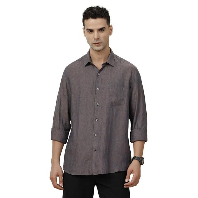 Linen Club Men’s Pure Linen Blue Chambray Contemporary Fit Full Sleeve Casual Shirt
