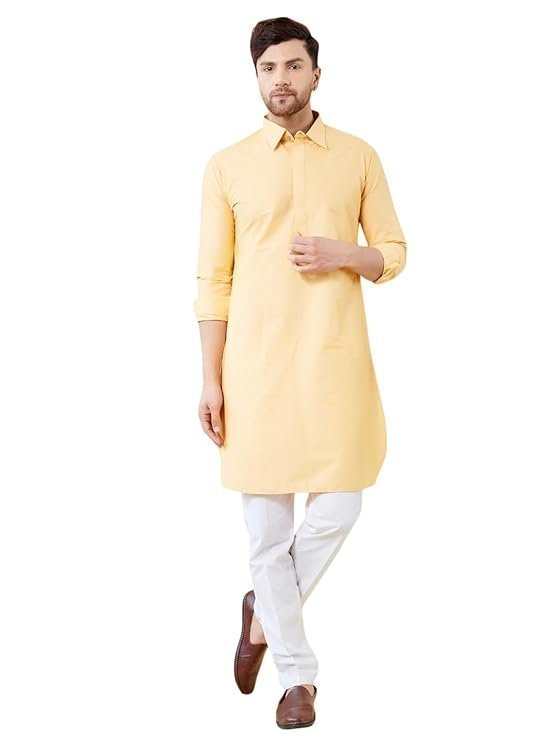 See Designs Men Cotton Solid Spread Collar Curved Hem Side Slit Full Sleeve Pathani Kurta with Pyjama