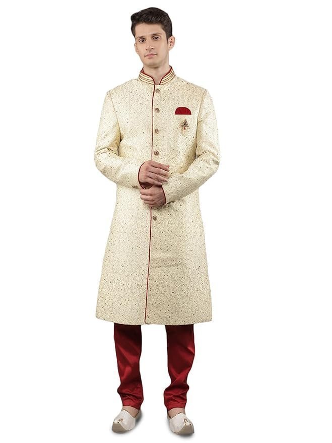 Manish Creations Men’s Slim fit Floral Embroidery Ethnic Sherwani Set