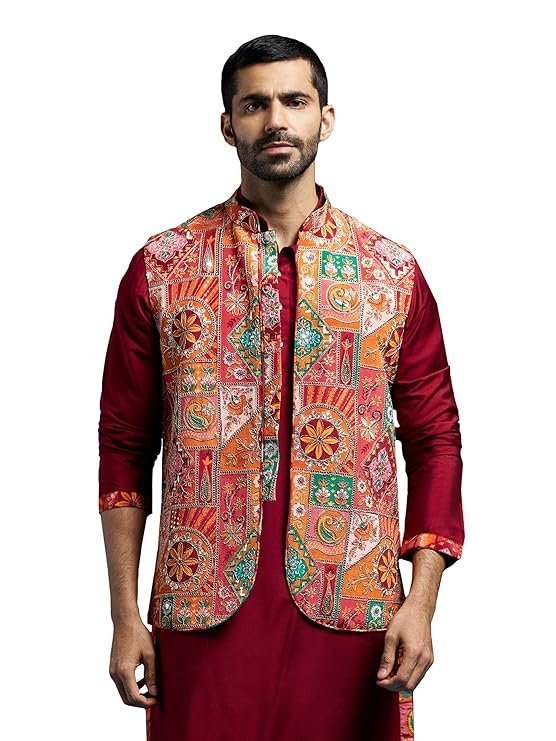 VASTRAMAY Men’s Nehru Jacket | Allover Printed Embroidered Sequiend Nehru Jacket for Men | Perfect for Navratri