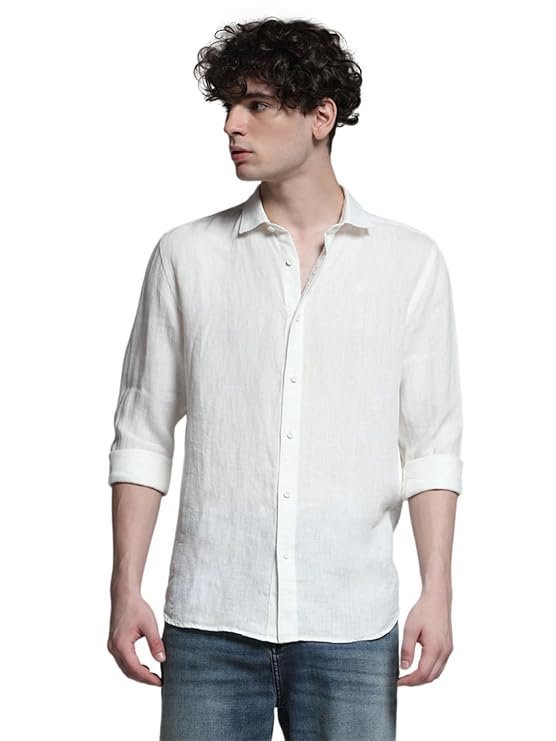 JACK & JONES Men Linen Regular Spread Collar Solid Casual Shirt