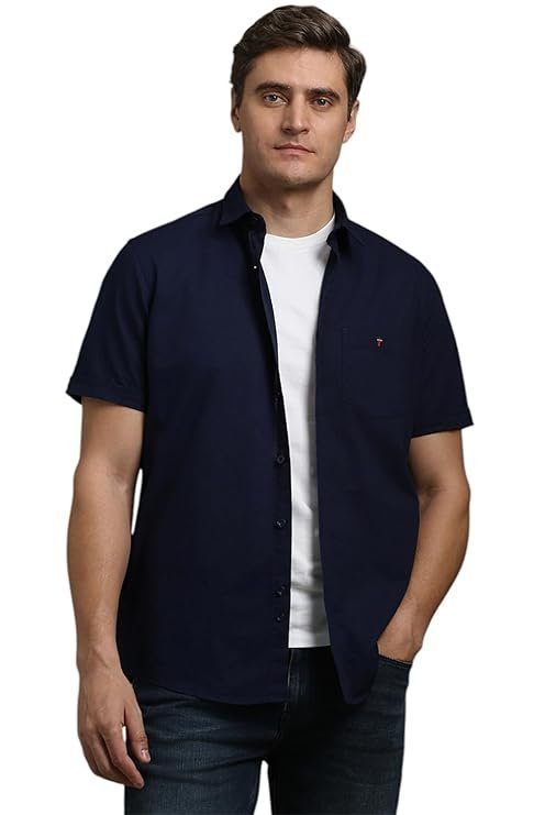 Louis Philippe Men’s Textured Premium Cotton Slim fit Linen Blend Half Sleeve Casual Shirt with Soft Hand Feel