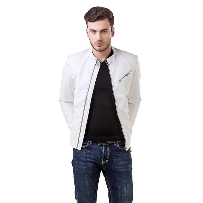 Leather Retail Faux Leather Men’s White Solid Biker Jacket
