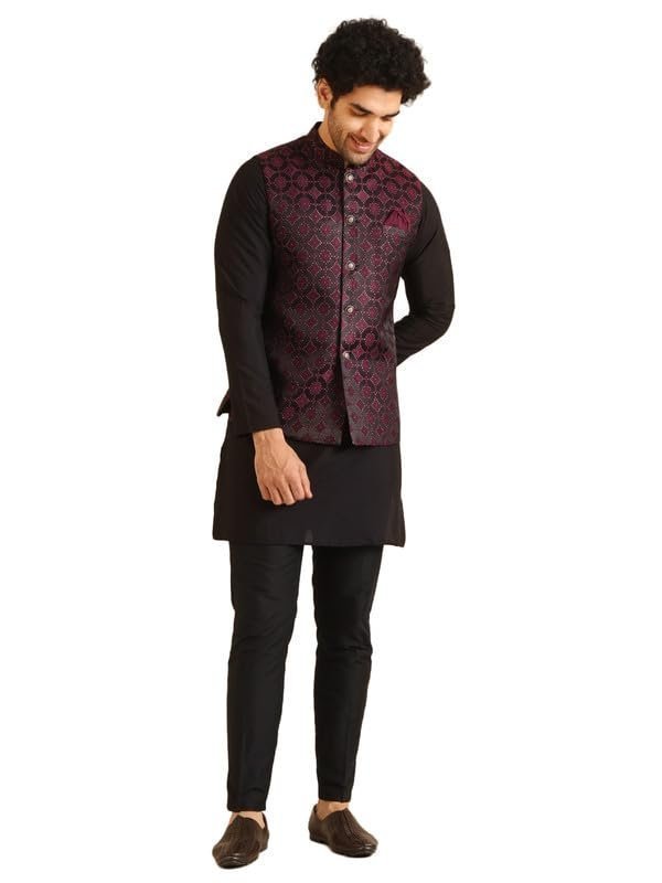 KISAH Men’s Kurta Jacket Trouser Set, Burgundy Jacquard, Woven Design Regular Fit Mandarin Collar Long Sleeves