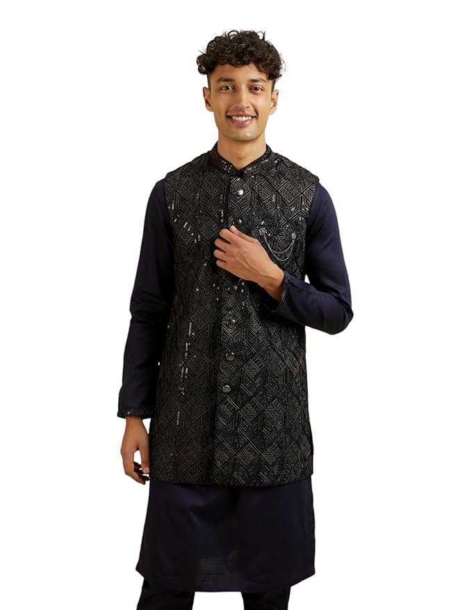 Manyavar Men’s Velvet Embroidered|Sequins Jacket Set