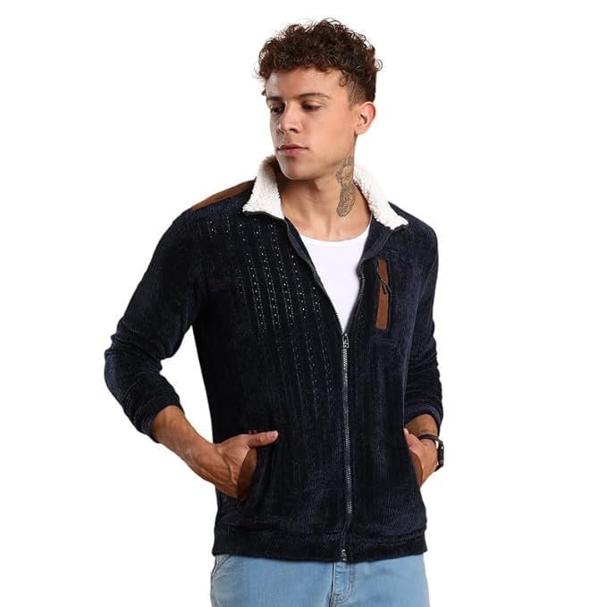 Campus Sutra Men’s Zip-Front Jacket With Fleece Collar For Casual Wear | Spread Collar | Long Sleeve | Zipper Closure | Jacket Crafted With Comfort Fit For Everyday Wear