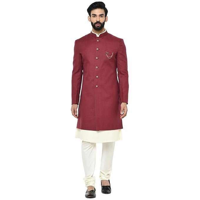 KISAH Men Maroon Solid Kurta Indo-Western Sherwani Set Indo-Western, Full Sleaves, Knee Length, Straight, Regular Fit, Mandarin Collar Ethnic wear