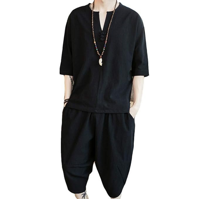 foveitaa Summer Clothing Men’s Loungewear, Japanese Clothes, T-shirt, 3/4 Sleeves, Hemp Shirt, Short Sleeve, Top and Bottom Set, Top, Half Pants, Shorts, Top and Bottom