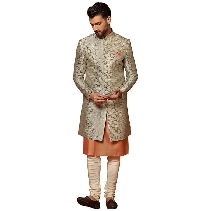 KISAH Men’s Grey and Orange Indo-Western Kurta Sherwani Churidar Set Cotton Full Sleaves, Knee Length, Straight, Regular Fit, Mandarin Collar Ethnic Wear