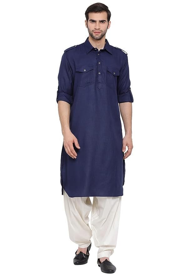 VASTRAMAY Men’s Cotton Blend Pathani Kurta Set || Stylish Pathani Style Kurta with Roll Up Sleeves and Relaxed Fit Patiala Salwar