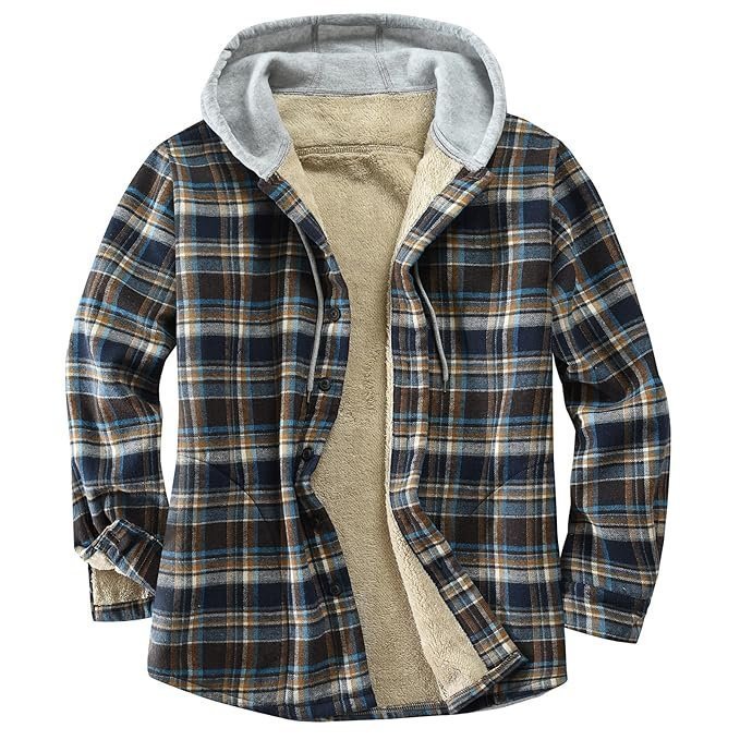 Derbars Men’s Cotton Plaid Shirts Jacket Fleece Lined Flannel Shirts Sherpa Button Down Jackets with Hood for Men