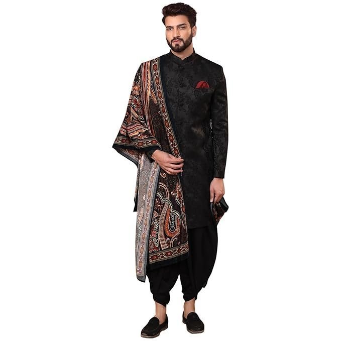 KISAH Indowestern Men’s Ethnic Wear Silk Blend Woven Design Regular Fit Black Indo-Western Sherwani Set Indo-Western