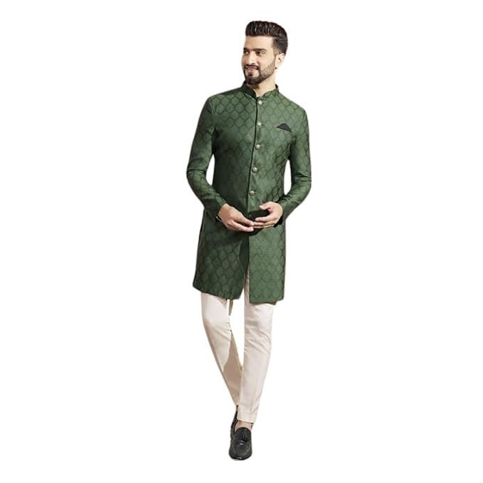 KISAH Men’s Indo-Western Sherwani Trouser Set, Olive Silk Blend, Woven Design Regular Fit Mandarin Collar Long Sleeves