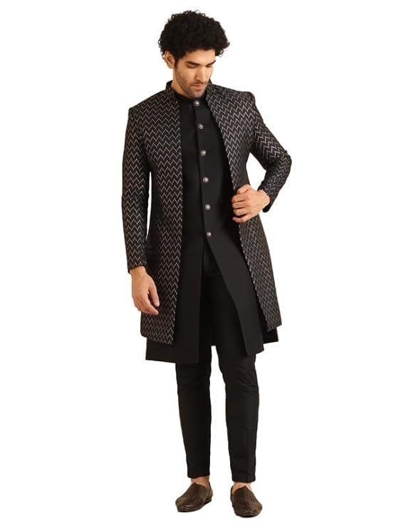 KISAH Men’s Indo-Western Waistcoat Sherwani Trouser Set, Black Jacquard, Woven Design Regular Fit Mandarin Collar Long Sleeves