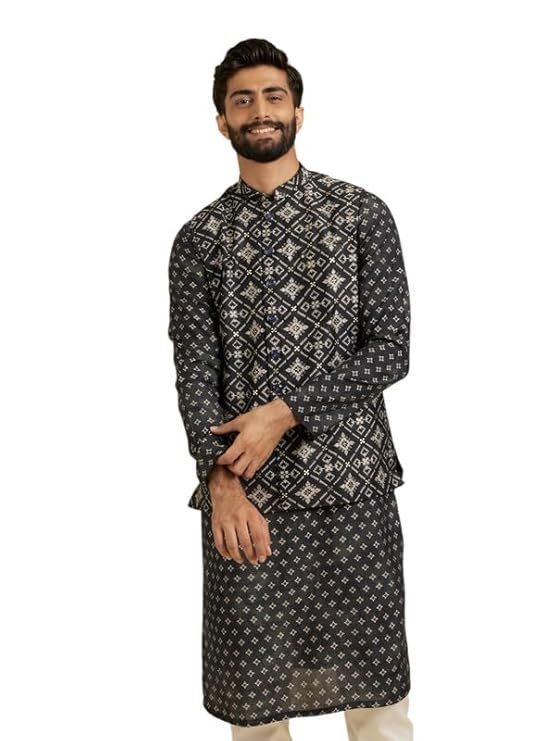 Manyavar Men’s Viscose Blend Foil & Digital Print Kurta Jacket Set