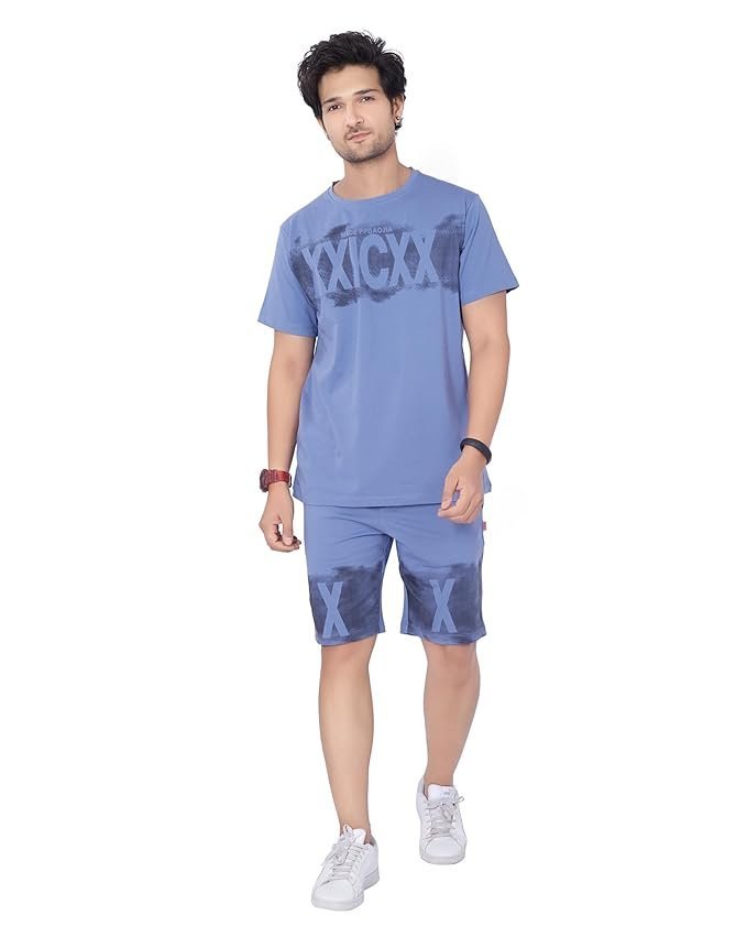 WEET Cotton Round Neck Co-ord Set for Men’s Half Sleeve T-Shirt and Shorts, Printed Casual Sleepwear & Loungewear Nightdress Night Suits Set 118